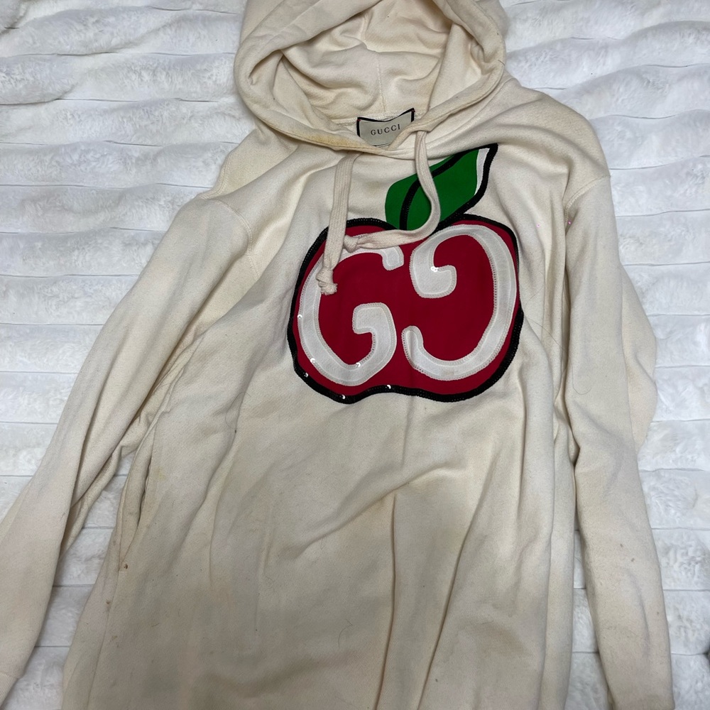 Gucci Cream Cowl Neck Sweater with Red Apple Motif. Size S